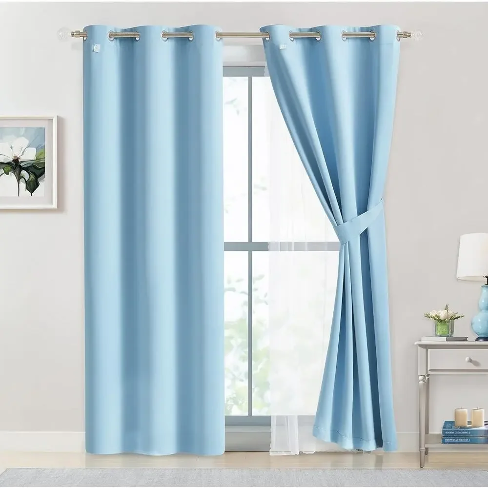 NEW Bujasso Double Layer 80% Blackout Curtains with Sheer Overlay, Sky Blue 84